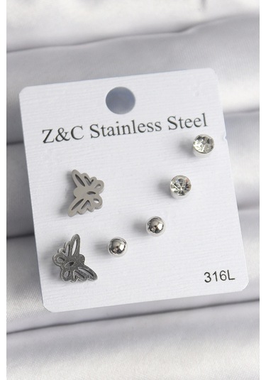 316l Çelik Gümüş Renk Zirkon Taşlı Kelebek Model Kadın Küpe Seti Çok Renkli