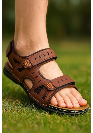 Günlük Erkek Sandalet Kalın Ortopedik Dikişli Taban Cırtlı Havuz Deniz Ayakkabısı 5201 Kahverengi