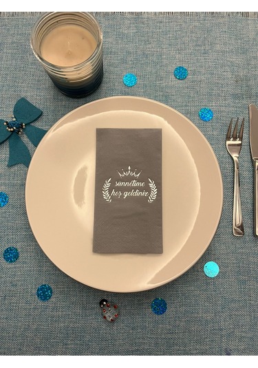 Gümüş Yaldızlı Kraft Sünnetime Hoşgeldiniz Baskılı Garson Katlama Peçete 16 Adet