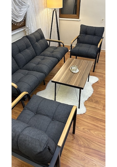 Modern Style Home Modern Sarıyer Balkon, Bahçe, Cafe - Metal Kanepe Koltuk Takımı - 3+1+1+ Sehpa Antrasit Modernk032 Antrasit