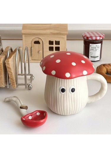 Kaşıkla 420ml Seramik Kahve Çay Fincanı Olan Mantar Kupası - Noel, Doğum Günü, Karısı, Kız Arkadaşı İçin Hediye. Kobalt Kobalt