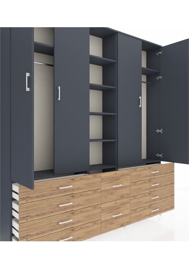 Arges Dolap 9 Raflı 10 Çekmeceli 2 Askılı 220x30x243 Antrasit-antrasit/çam Antrasıt/atlas Çam