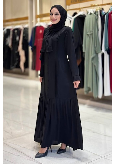 Pilise Detaylı Medine İpeği Elbise & Şal İkili Takım Siyah -