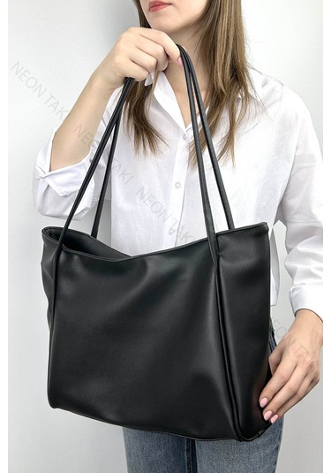 Çift Saplı Yumuşak Deri Omuz Ve El Çantası Siyah, 70 Siyah