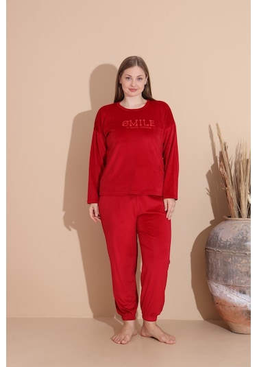 Boyraz Kadın Kışlık Fransız Kadife Büyük Beden Bisiklet Yaka Uzun Kol Pijama Takımı 03130 - 1 Adet Kırmızı