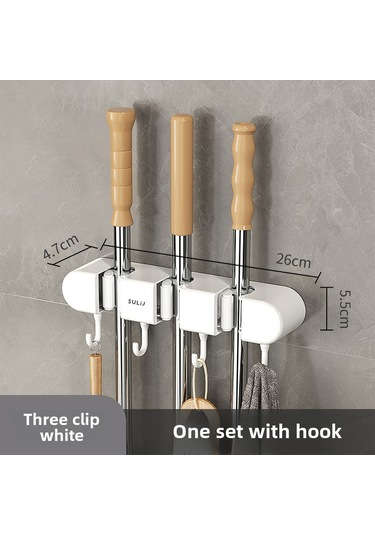 Geeroyoo Duvar Takılı Süpürge Tutucu, 3 Klemeli Beyaz, Deliksiz Yapıştırıcı Montaj, Ev Ofis Temizlik Gereçleri Depolama Rafı Diğer