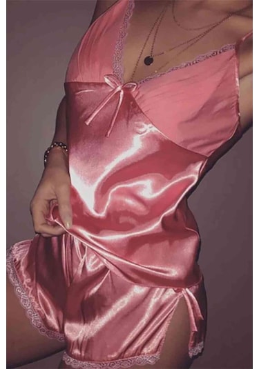 Merry See Dantel İşlemeli Saten Sortlu Pijama Takım Pembe