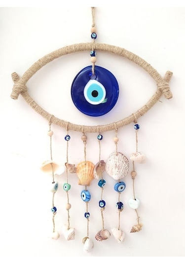 Hdmarketim Nazar Boncuklu Hasır Deniz Kabuklu Duvar Süsü Rüzgar Çanı 11319 Mavi
