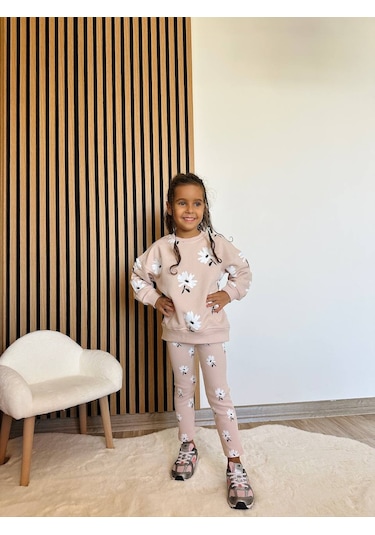 Kız Çocuk Çiçek - Leopar Detaylı 3 İplik Alt Üst Takım Sweatshirt + Tayt Pudra Papatya