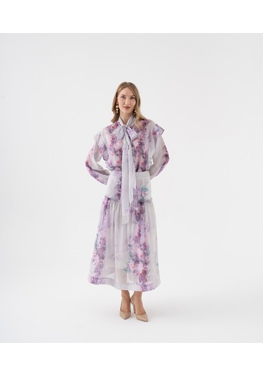 Fırfır Detaylı Transparan Çiçek Desenli Bağlama Yakalı Takım Lila