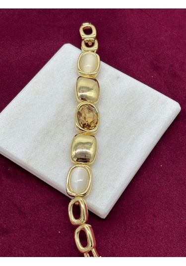 Toprak Tonlarında Parlak Dikdörtgen Şekilli Gold Bileklik Gold