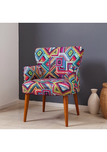 Roma Modern Tekli Koltuk Berjer - Dijital Baskılı Kumaş - Ahşap Ayak - Renkli Çizgili Renkliçizgili