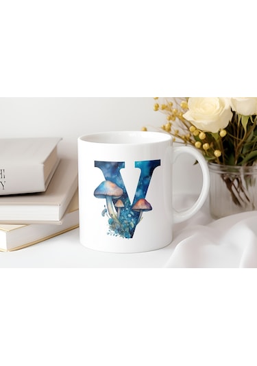 V Baş Harfi Fantastik Mantarlı Kupa Bardak - Kişiye Özel Masalsı Bardak - Hediye Beyaz