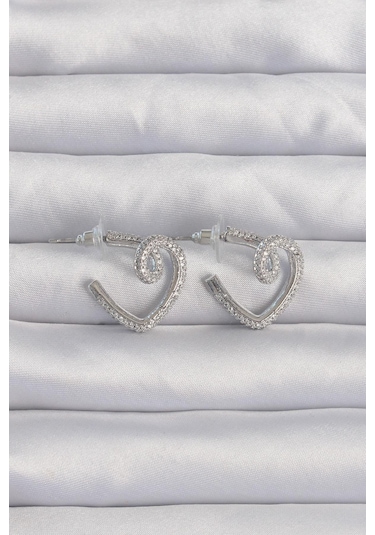 Pirinç Gümüş Renk Zirkon Taşlı Kıvrımlı Yarım Kalp Küpe Gold