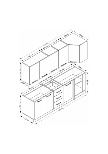 Minar 240cm Köşe Mutfak Dolabı - Beyaz/dore K240-d4