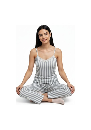 Kadın Rahat Ev & Uyku Pijama Takımı Gri Çizgili Desen Gri