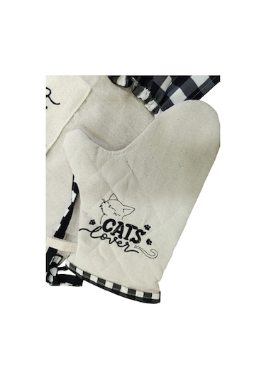 Kedi Lover Nakışlı, Fırfırlı, Buldan Keten Fırın Önlüğü Örtüsü