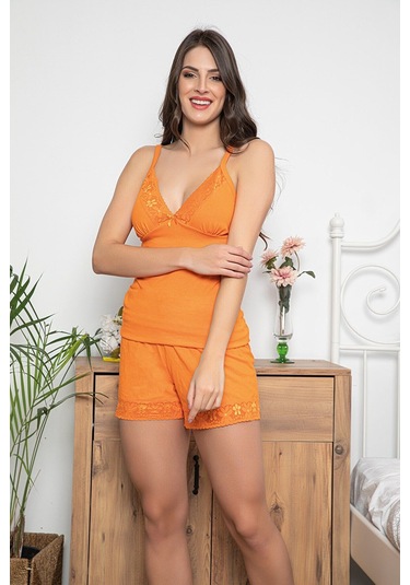 Kadın Turuncu Renkli Büstiyerli Dantel Detaylı Şortlu Pijama Takımı 20002 Turuncu