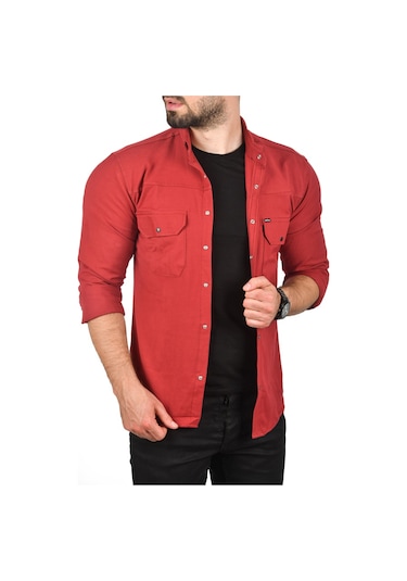 Deepsea Erkek Bordo Slim Fit Dar Kesim Spor Gömlek Likralı Pamuklu Kot Gömlek 2300419 Bordo