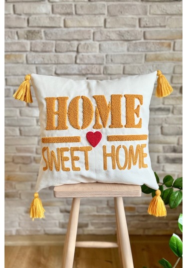 Swita Home Punch İşlemeli 2'li Dekoratif Özel Tasarım Kırlent Kılıfı Panç Hardal - Krem