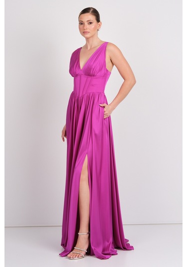Doridorca Kadın Derin V Yaka Sırttan Bağlamalı Maxi Abiye Elbise 7091 Fuşya Fuşya