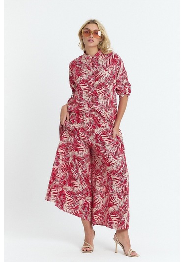 Schık Kadın Viskon Rahat Bol Paça Truvakar Kol Önü Düğme Baskılı Takım Kırmızı