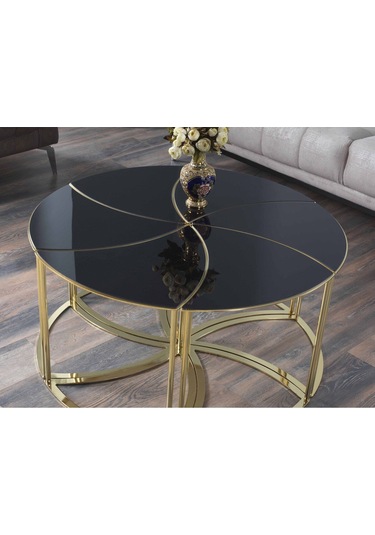 Premium Modern Yuvarlak Sehpa 6 Lı Takım 100 48cm Cam Altın Ayaklı