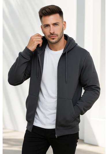 Rich Erkek Füme Kapüşonlu Kanguru Cepli Fermuarlı Sweatshirt Füme