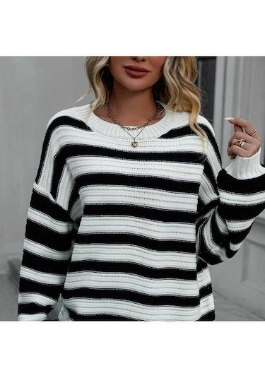 Tongxida White Knit Cardigan For Plus Size Women, Fall/winter, Striped, Loose Fit, Round Neck, Long Sleeve Beyaz