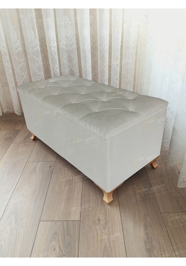 Lüks Sandıklı Kapitoneli Ayakucu Puf Bench 100 Cm Gold Ayak Beyaz