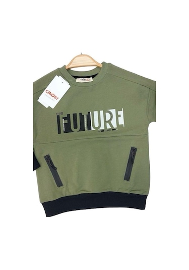 Çikoby Erkek Çocuk Future Baskılı Pamuklu Uzun Kollu Tshirt-13799-haki Haki