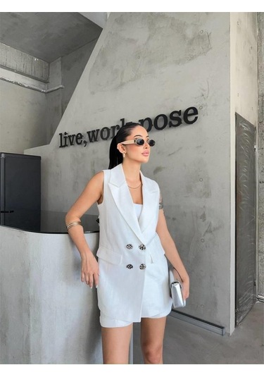 The İstanbul Keten Yelek - Şort Takım - Beyaz Beyaz