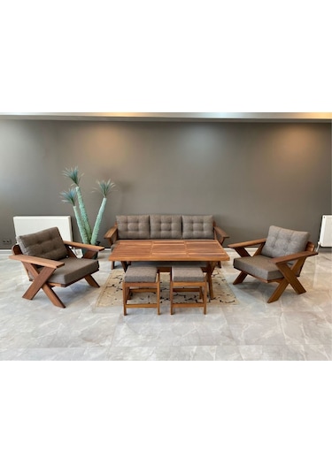 Verona Masif Ahşap Bahçe Koltuk Takımı Kestane Ağacı 3+1+1 Masa Kahverengi