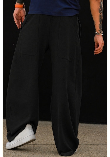 Tarz Cool Erkek Oversize Eşofman Altı Bağcıklı Rahat Kalıp Günlük Basic Jogger Pantolon Siyah