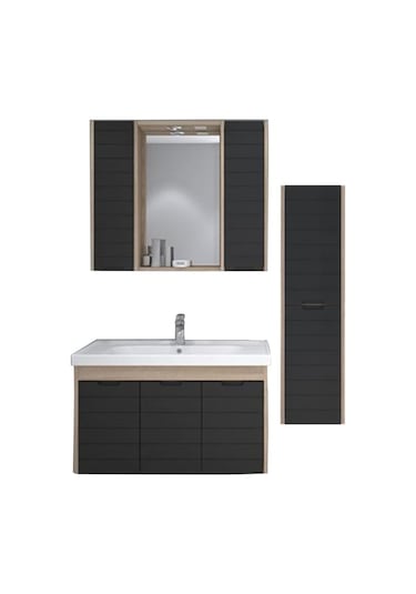 Denko Mostar 90 Cm Banyo Dolabı Takımı + Boy Dolabı-Siyah Çok Renkli