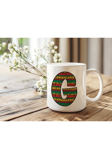 G Harfi Etnik Desenli Kupa - Afrika Tarzı Kahve Çay Kupası - Hediyelik - Black History Beyaz