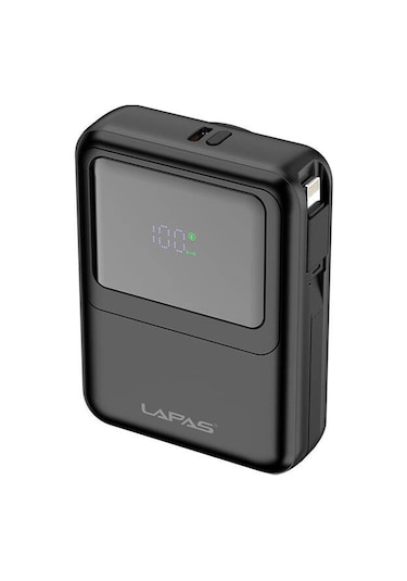 10000 Mah Kablosuz Powerbank Dijital Led Ekranlı, Type-c & Lightning Kabloları, Güçlü 15w Hızlı Şarj Siyah