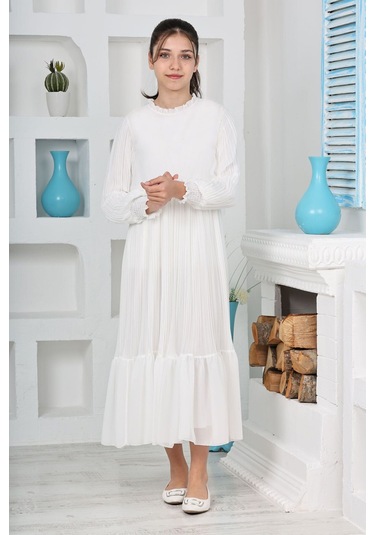 Kız Çocuk Uzun Boydan Pliseli Pamuklu Şifon Uzun Elbise Beyaz