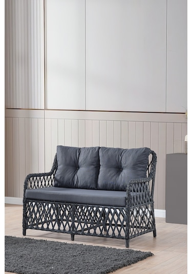 Roma Rattan Bahçe Balkon Takımı 2+1+1 Cam Masalı Antrasit