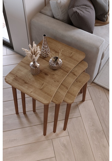 Zuesse Dizayn Reyhan 3lü Zigon Sehpa & Yan Sehpa Ahşap Ayaklı Salon Seti Çay Sehpası - Ceviz