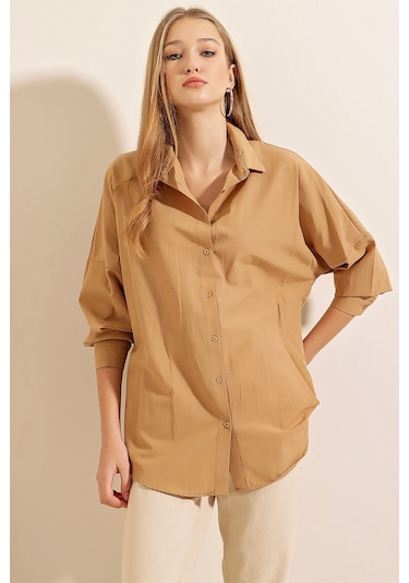 Bigdart 3900 Oversize Uzun Basic Gömlek - Bisküvi 001