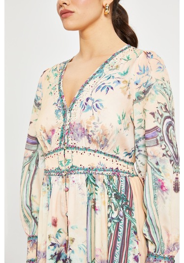 Kadın Desenli V Yaka Elbise Uzun Kollu, Kuşaklı, Astarlı Bej