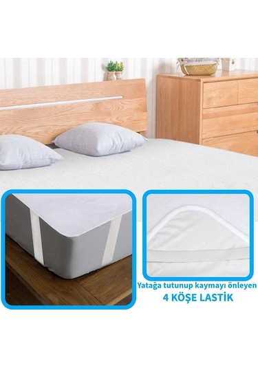 Dört Mevsim Lastikli Sıvı Geçirmez Yatak Koruyucu Alez Çift Kişi Beyaz