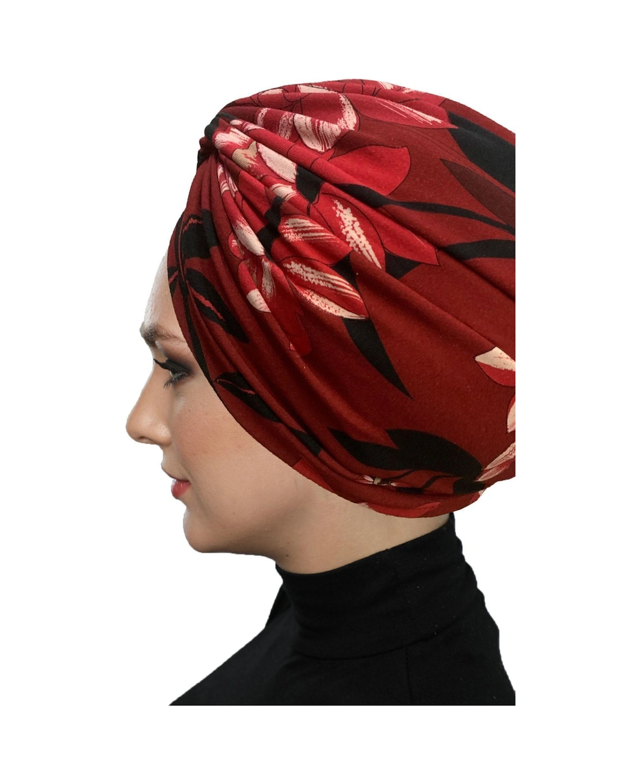 Fidan Desenli Çapraz Penye Bordo Yaprak Motifli Hazır Türban Tesettür Havuz Bonesi Bordo-yaprak