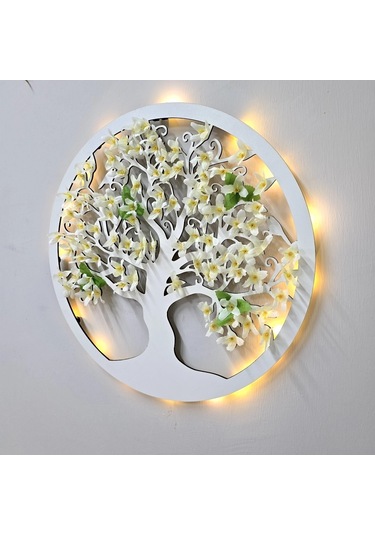 Led Işıklı Ve Beyaz Sakura Hayat Ağacı Tablo 40cm - Beyaz