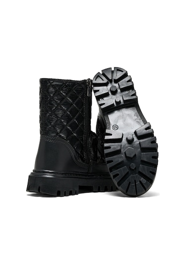 Tonny Black Çocuk Unisex Siyah Termo Taban Kapitone Dikişli Fermuar Detaylı Kar Botu Siyah