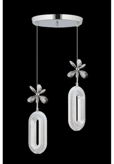 Led Alfa 2'li Gümüş 3 Renk Ledli Kristal Taşlı Modern Led Avize Krom