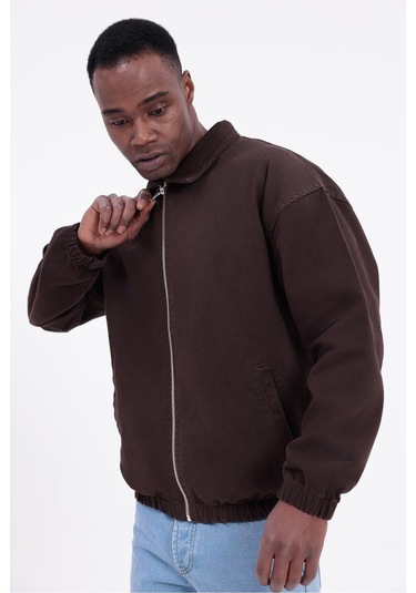 Freemen Erkek Basic Gabardin Kumaş Fermuarlı Oversize Mevsimlik Polo Yaka Ceket Kiremit