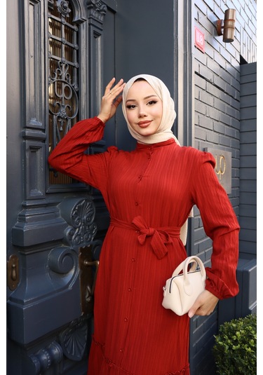 Kadın Kiremit Boydan Düğmeli Eteği Piliseli Kuşaklı Lara Keten Uzun Tesettür Elbise Kremit Kiremit