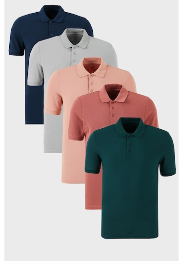 Buratti Pamuklu Regular Fit Düğmeli Polo Yaka 5'Li Paket Erkek T Shirt 5902127S5 Indigo-Yeşil-Pudra-Gül-Kül